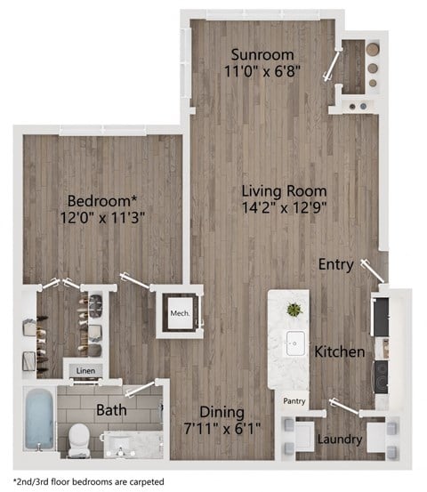 Floor plan for 1 bed, 1 bath, 824 sqft